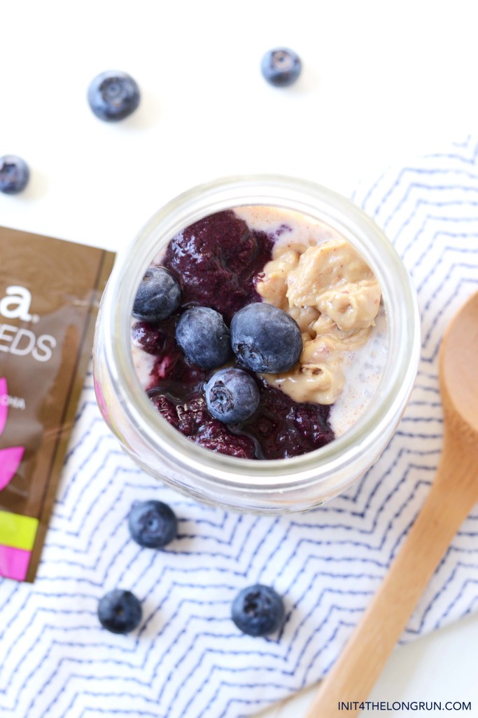 Overnight Oats are the perfect breakfast to make ahead and eat on the run. These Peanut Butter and Chia Jam Overnight Oats are packed with the superfood, chia, but taste like your favorite old school PB & J. // init4thelongrun.com