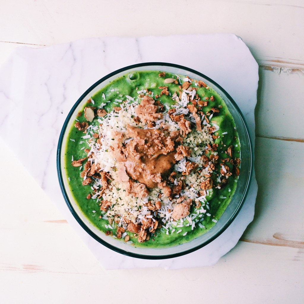 Breakfast: Peach, Mango, Banana Kale Smoothie with Granola, Coconut and Almond Butter