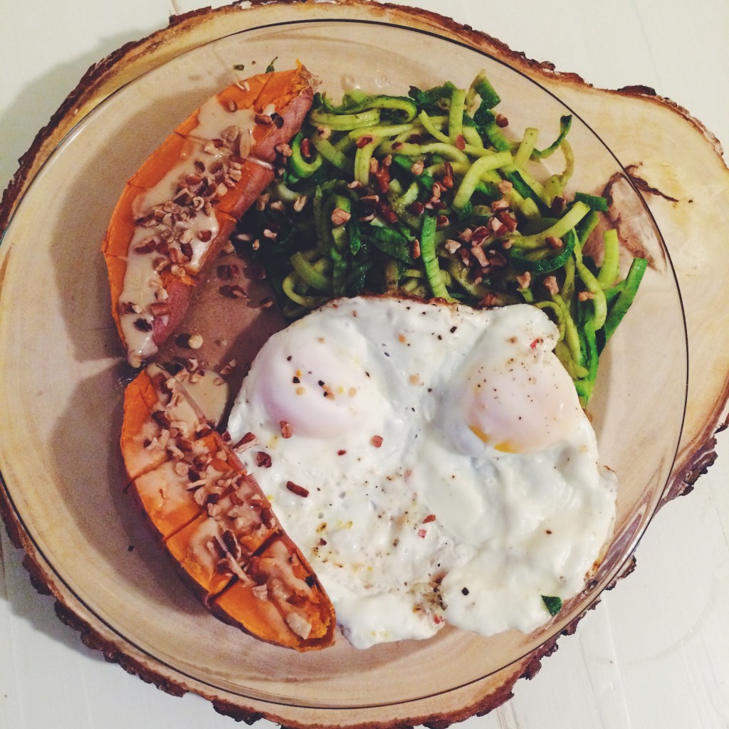 Dinner: Pesto Zoodles, 2 Eggs, Sweet Potato with Tahini