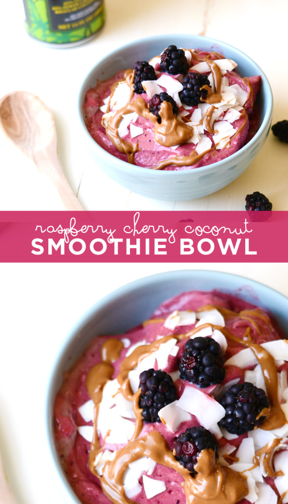 Raspberry Cherry Smoothie Bowl // Creamy coconut and sweet-tart cherries and berries blend beautifully together in this vibrant smoothie bowl.