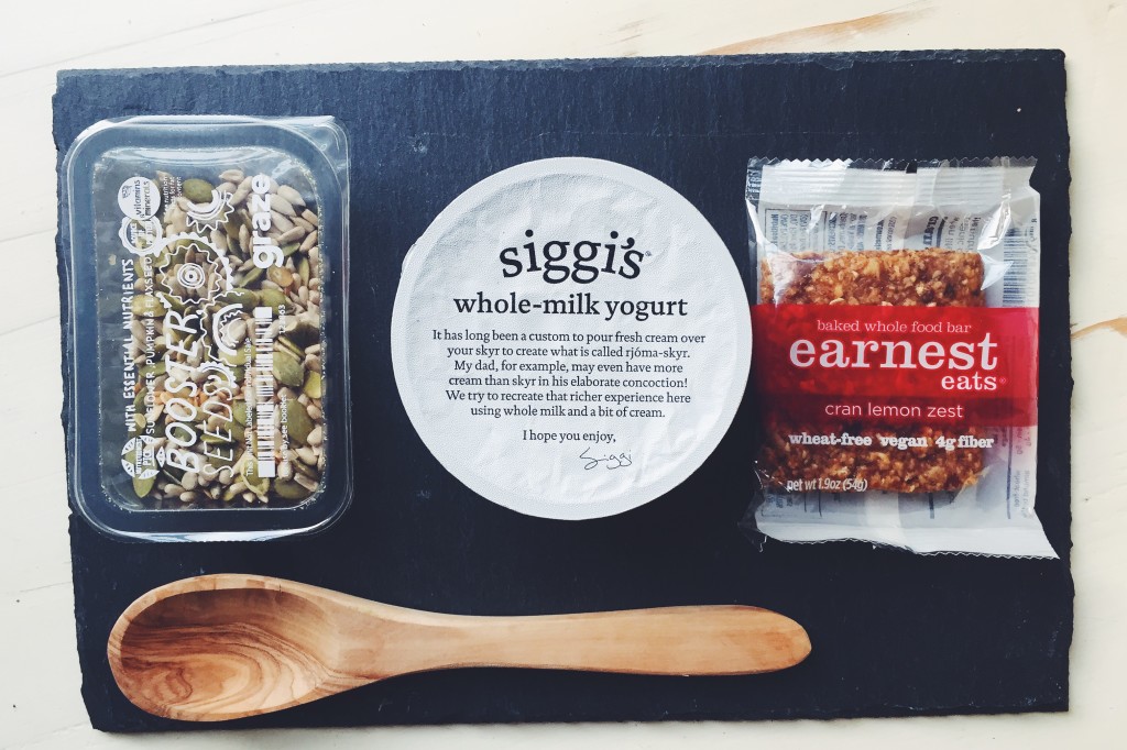 Lunch: Siggis Yogurt, Sunflower and Pumpkin Seeds & an Earnest Eats Granola Bar