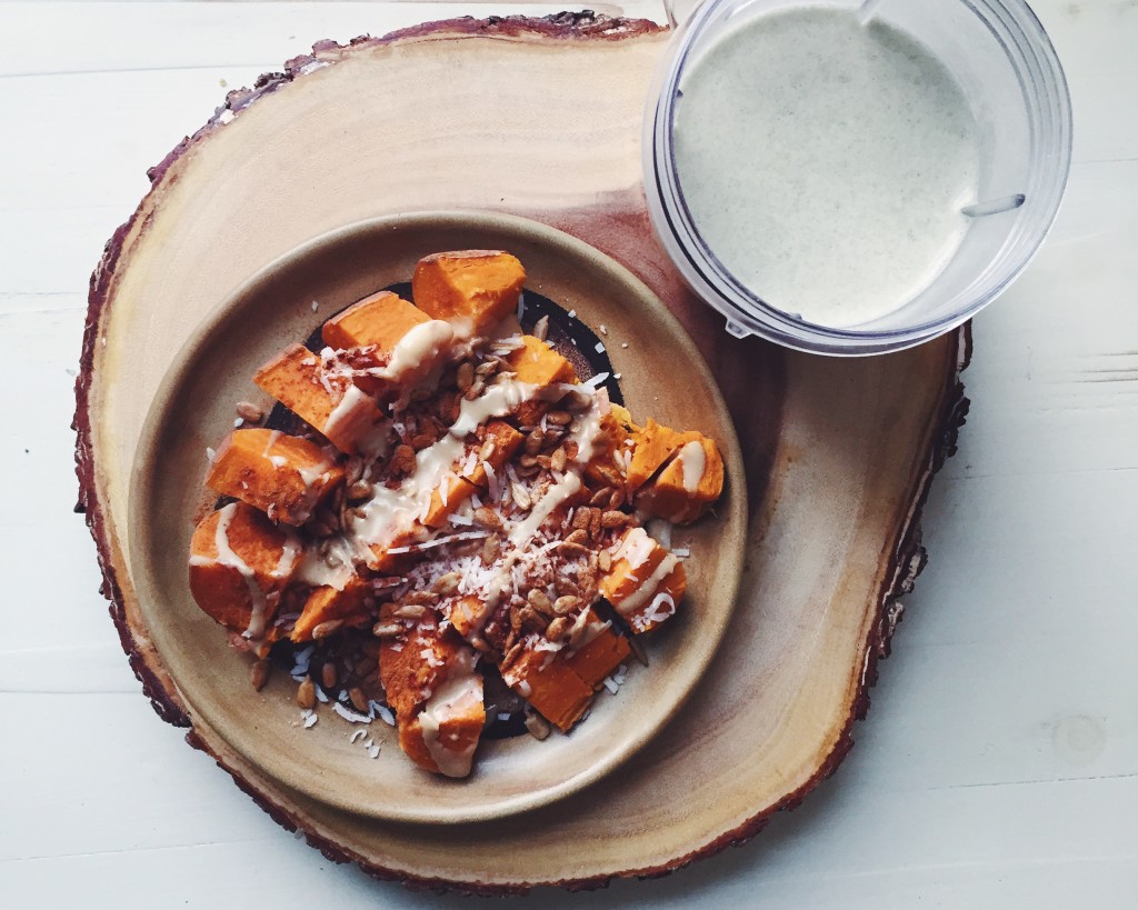 Dinner: Sweet Potato with coconut butter, coconut, sunflower seeds & cinnamon & a vega protein shake made with coconut bai5