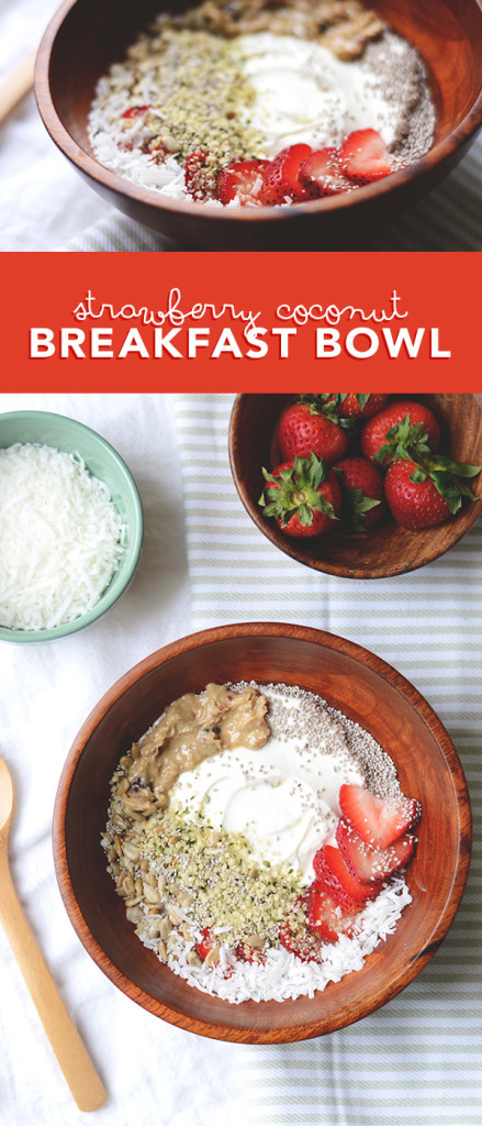Coconut Strawberry Breakfast Bowl: Take your next breakfast to a whole new level, by adding a touch of coconut to your yogurt and topping it with super seeds like chia, hemp and sunflower.