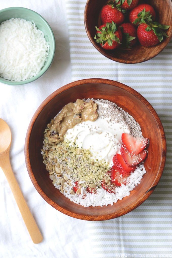 Coconut Strawberry Breakfast Bowl: Take your next breakfast to a whole new level, by adding a touch of coconut to your yogurt and topping it with super seeds like chia, hemp and sunflower.