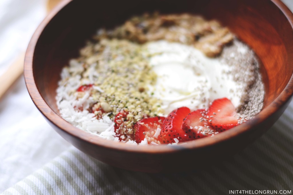Coconut Strawberry Breakfast Bowl: Take your next breakfast to a whole new level, by adding a touch of coconut to your yogurt and topping it with super seeds like chia, hemp and sunflower.