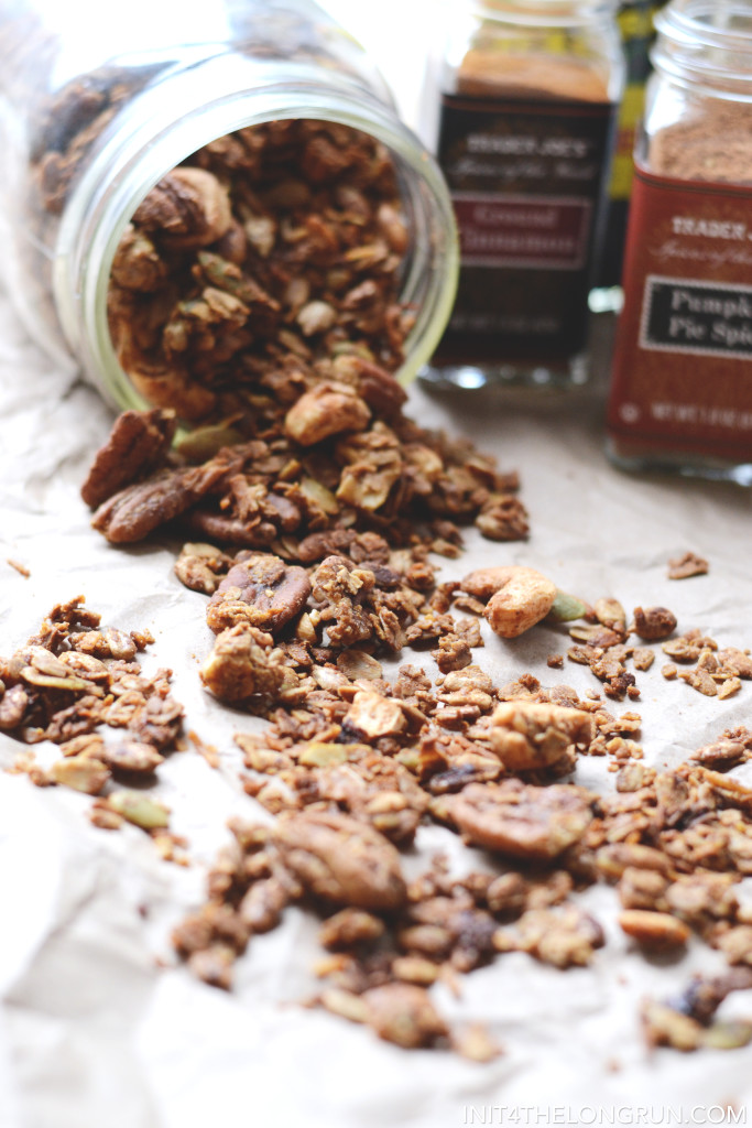 This sweet and spicy gingerbread granola will put you in the holiday spirit. The pecans, cashews and pepitas create the perfect granola clusters.