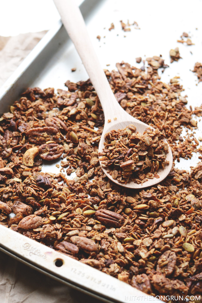 This sweet and spicy gingerbread granola will put you in the holiday spirit. The pecans, cashews and pepitas create the perfect granola clusters.