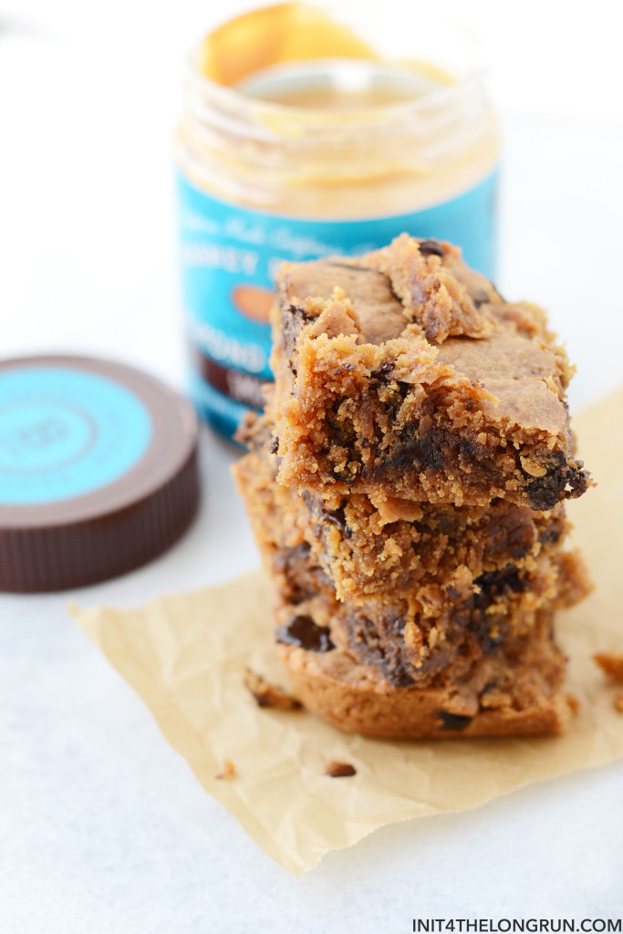 These healthy almond butter blondies just might be the perfect dessert. They're moist and flavorful with big chunks of gooey chocolate // init4thelongrun.com