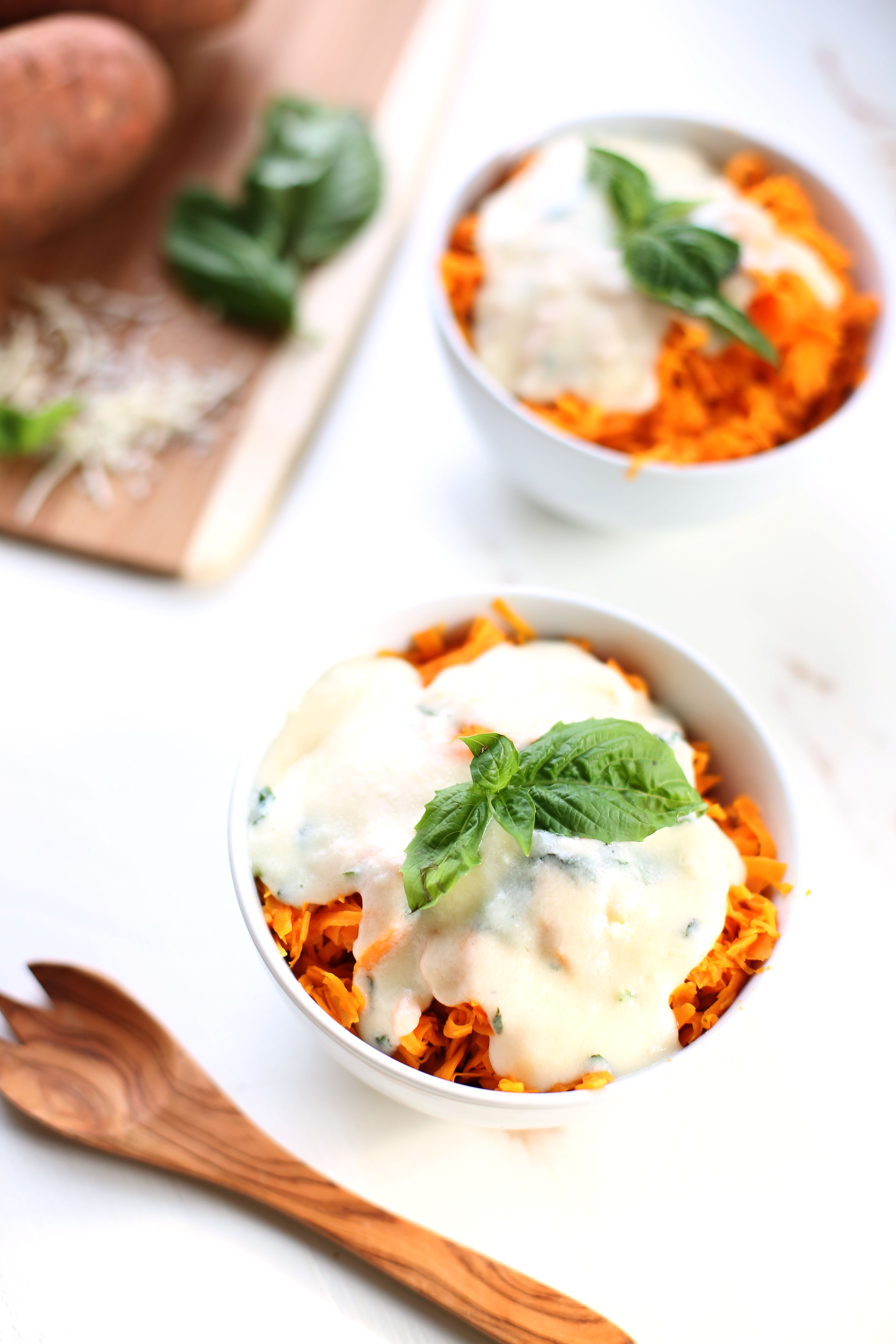 These Sweet Potato Noodles with Basil Cheese Sauce are an adult twist on a childhood favorite: mac & cheese.