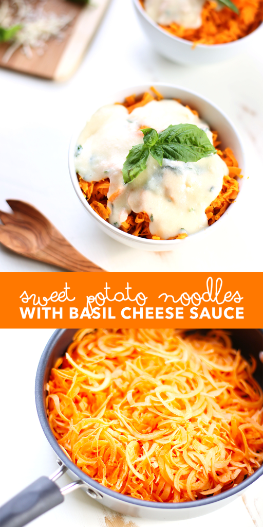 These Sweet Potato Noodles with Basil Cheese Sauce are an adult twist on a childhood favorite: mac & cheese.